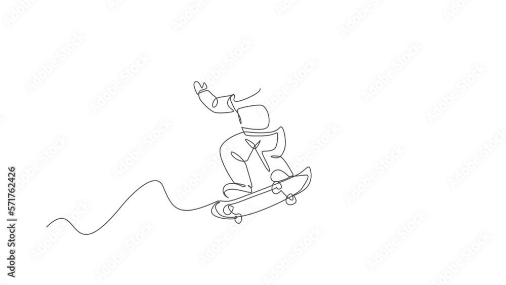 Poster animated self drawing of single continuous line draw astronaut riding skateboard on moon surface, ou