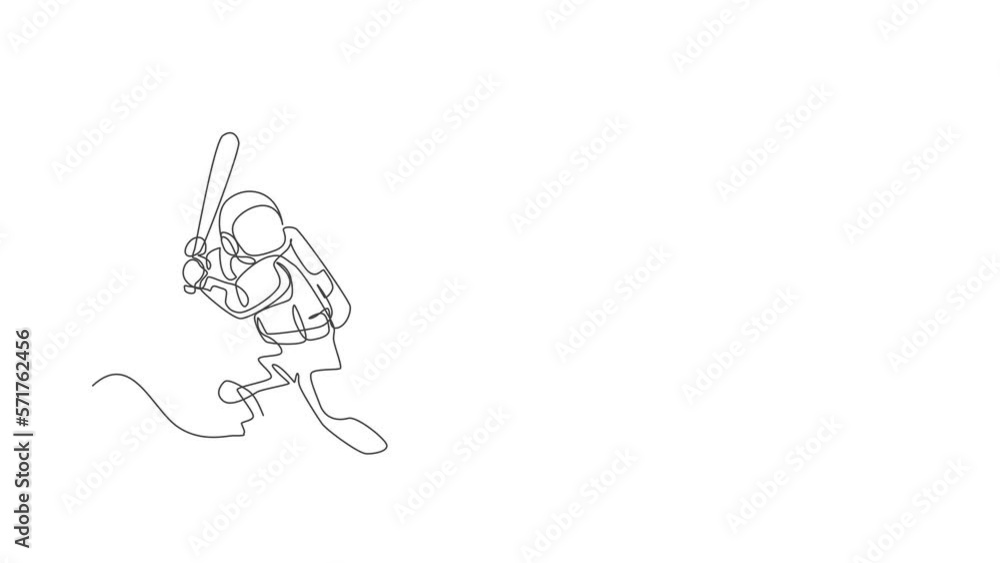 Aufkleber animated self drawing of one continuous line draw astronaut playing baseball in deep space galaxy. s