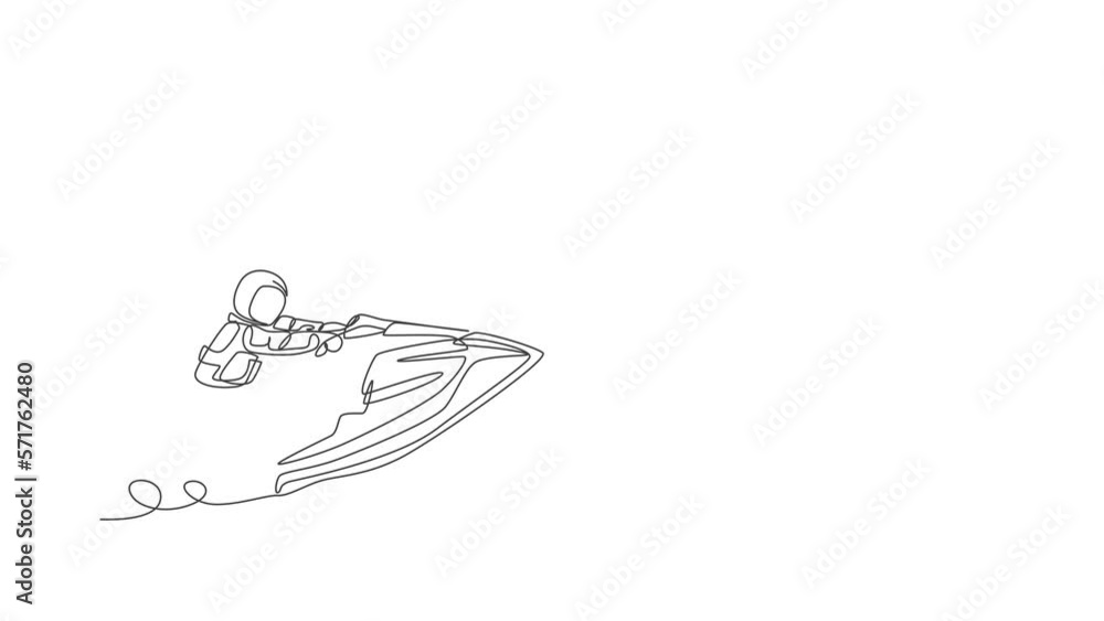 Poster animated self drawing of single continuous line draw astronaut using jetski on moon surface, outer d