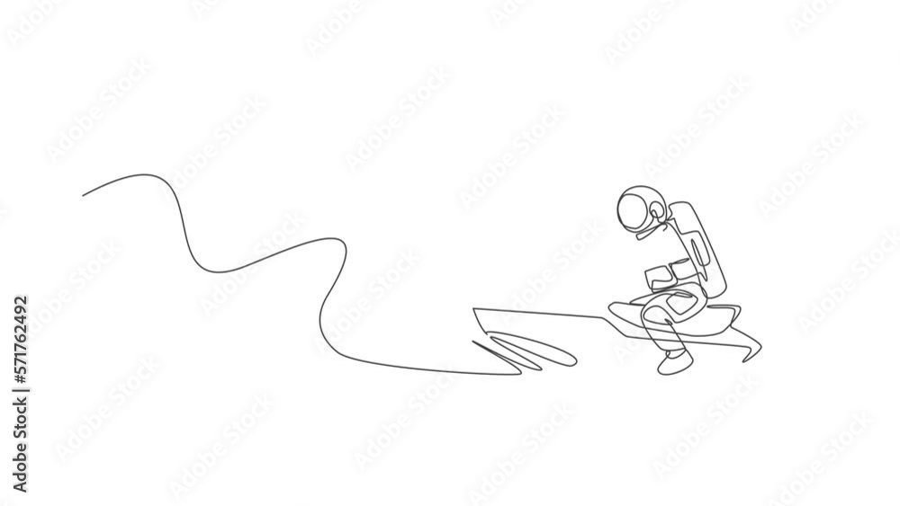 Aufkleber animated self drawing of single continuous line draw astronaut exercise jetski on moon surface, oute