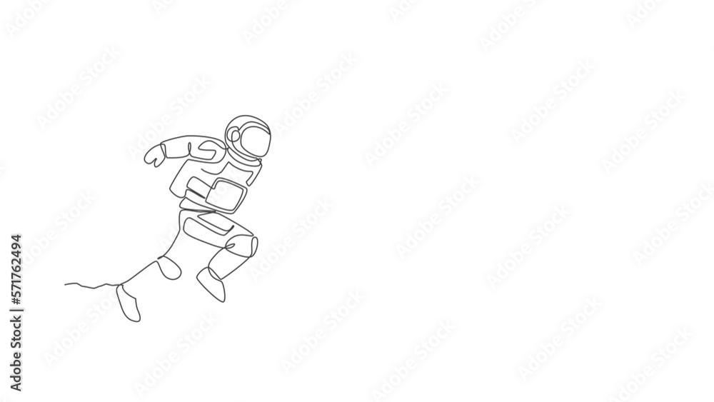 Poster animated self drawing of one continuous line draw astronaut practicing american football in deep spa
