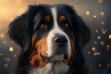 Portrait of an adorable Bernese Mountain Dog. Cute pup with shiny fur coat and bokeh background. Purebred Berner.