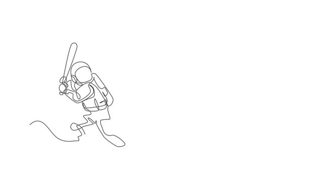 Animated self drawing of one continuous line draw astronaut playing baseball in deep space galaxy. Spaceman healthy fitness sport concept. Full length single line animation illustration.