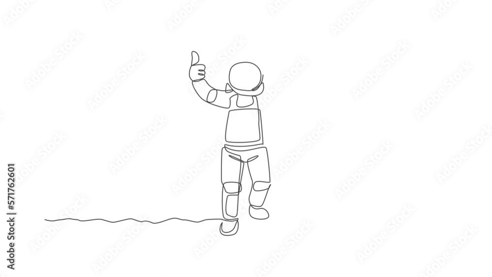 Poster animated self drawing of continuous line draw young spaceman on spacesuit giving thumbs up gesture i