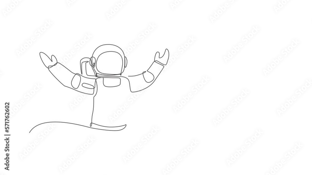 Poster animated self drawing of single continuous line draw astronaut open his hands ready to hug in moon s