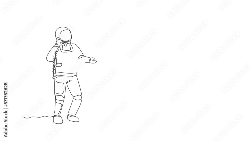 Poster animation of one line drawing of cosmonaut in moon surface make an emergency call to colleague. astr