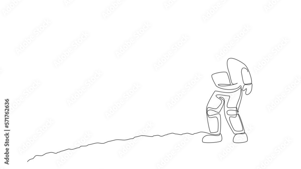 Poster animation of one line drawing of cosmonaut in moon surface make a call to family in earth. astronaut