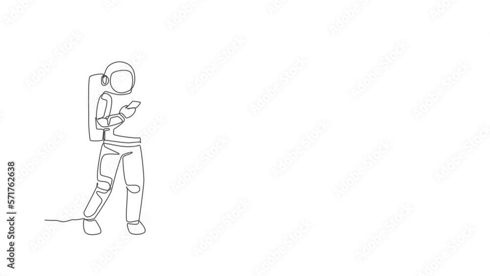 Poster animated self drawing of single continuous line draw astronaut in moon surface texting his partner u