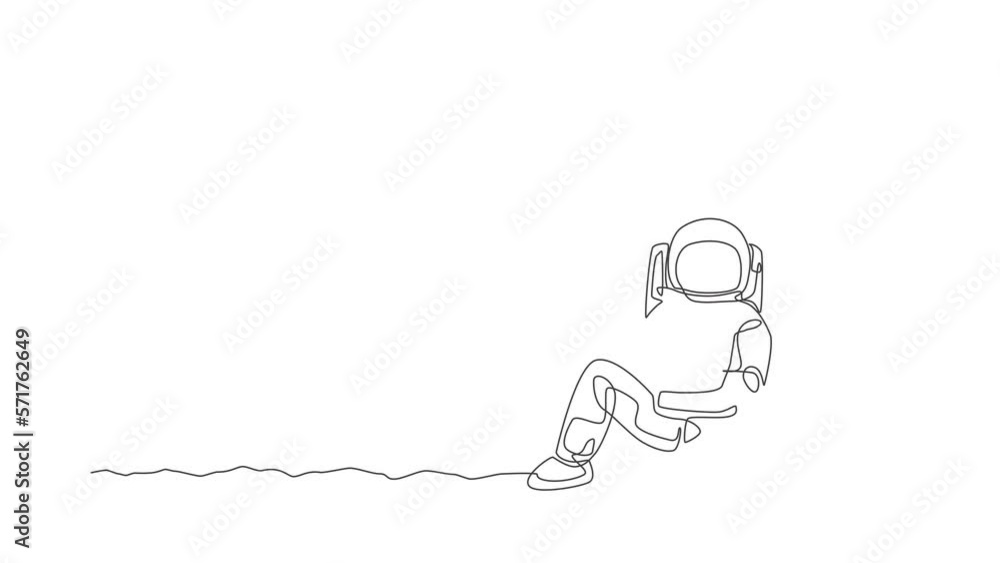Poster animated self drawing of continuous line draw spaceman on spacesuit siting relax on moon surface whi