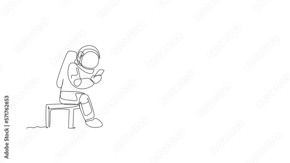 Poster animated self drawing of continuous line draw spaceman on spacesuit siting on chair and texting usin