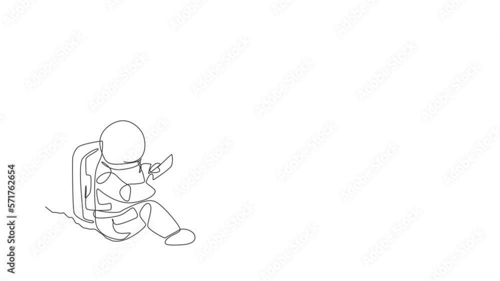 Poster animated self drawing of single continuous line draw astronaut siting on moon surface and texting to