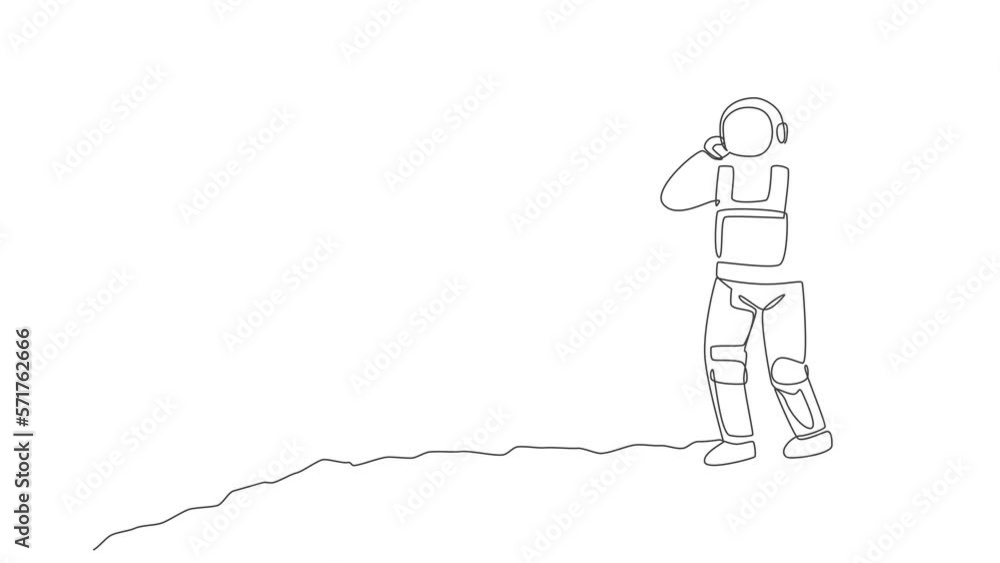 Poster animation of one line drawing of cosmonaut make a call to partner in moon surface. astronaut busines