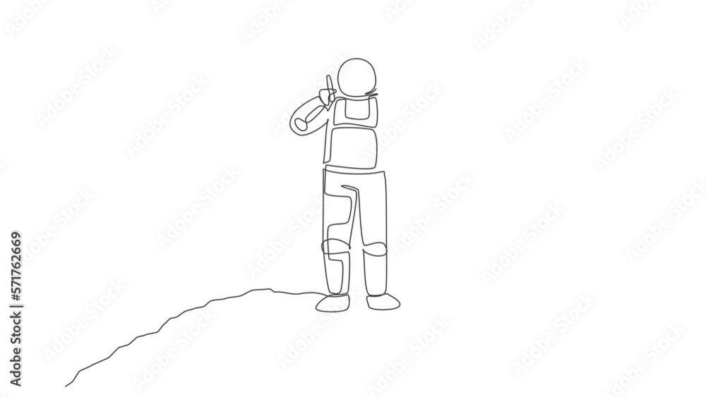 Poster animation of one line drawing of cosmonaut calling his partner in moon surface. astronaut business o