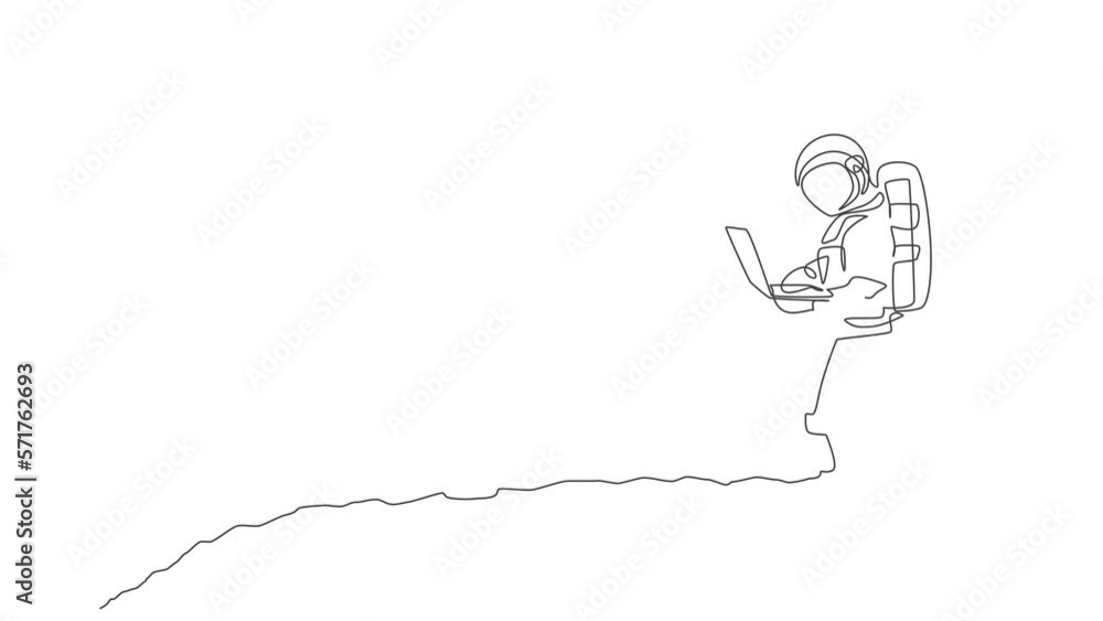 Poster animated self drawing of continuous line draw young spaceman on spacesuit standing while typing in m