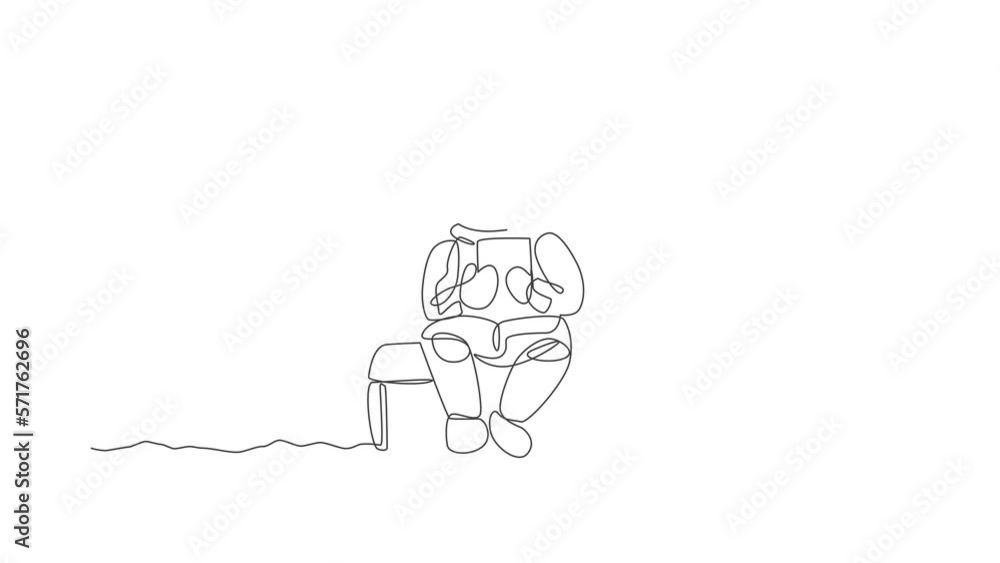 Poster animated self drawing of single continuous line draw astronaut siting relax on chair while reading n