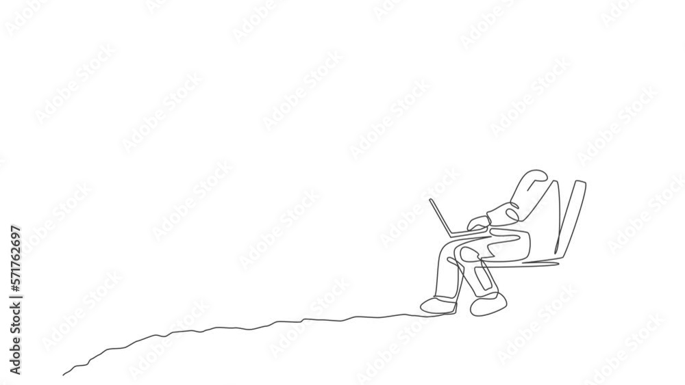 Poster animation of one line drawing of cosmonaut sitting on chair while typing in moon surface. astronaut 