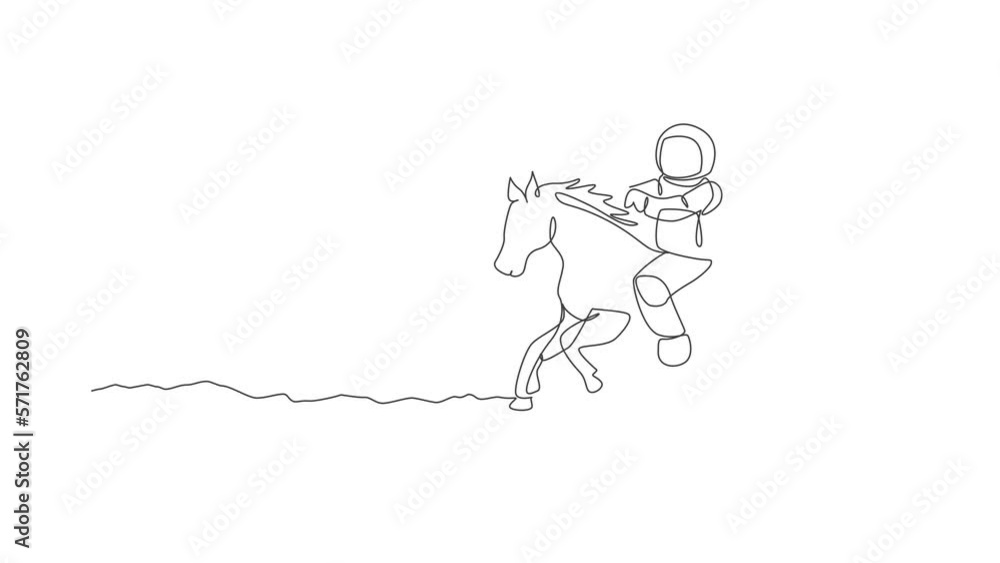 Poster animated self drawing of single continuous line draw cosmonaut with spacesuit riding horse, wild ani