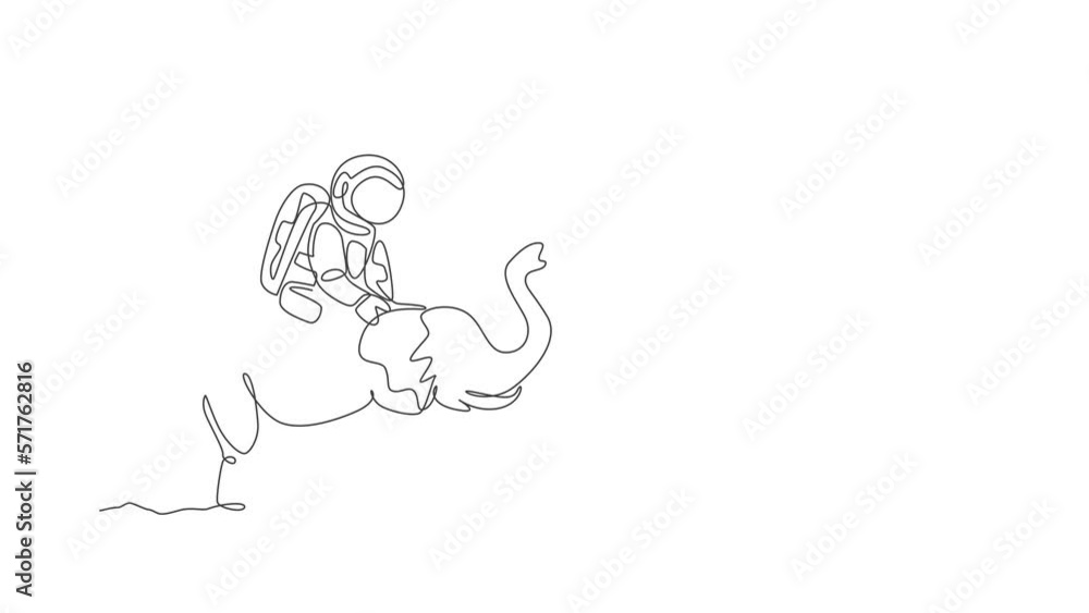 Poster animated self drawing of continuous line draw cosmonaut with spacesuit riding asian elephant, wild a
