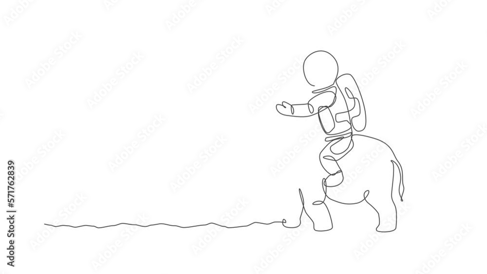 Poster animated self drawing of one continuous line draw cosmonaut with spacesuit riding aisan elephant, wi