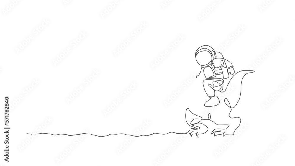 Poster animated self drawing of single continuous line draw cosmonaut with spacesuit riding t-rex, wild ani