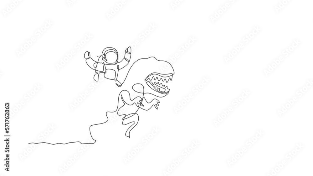 Aufkleber animated self drawing of continuous line draw cosmonaut with spacesuit riding tyrannosaurus, wild an