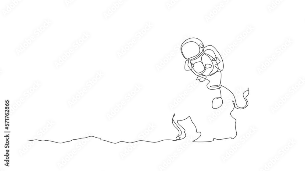 Poster animated self drawing of continuous line draw spaceman take a walk riding an angry bull, wild animal