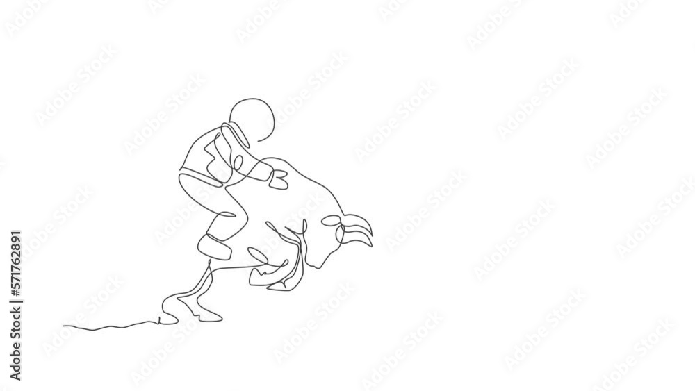 Poster animation of one single line drawing of astronaut riding angry bull, wild animal in moon surface. co