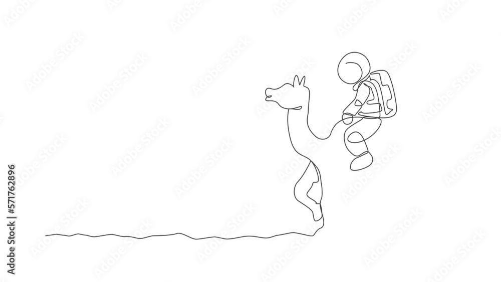 Poster animation of one single line drawing of astronaut riding arabian camel, pet animal in moon surface. 