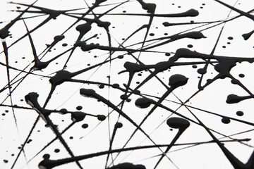 Abstract black ink paint splash on white background.splashes and drops form a trail 