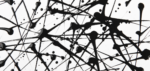Abstract black ink paint splash on white background.splashes and drops form a trail 