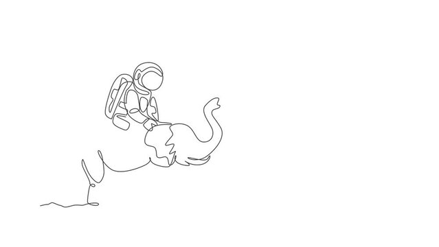 Animated self drawing of continuous line draw cosmonaut with spacesuit riding Asian elephant, wild animal in moon surface. Fantasy astronaut safari journey concept. Full length one line animation.