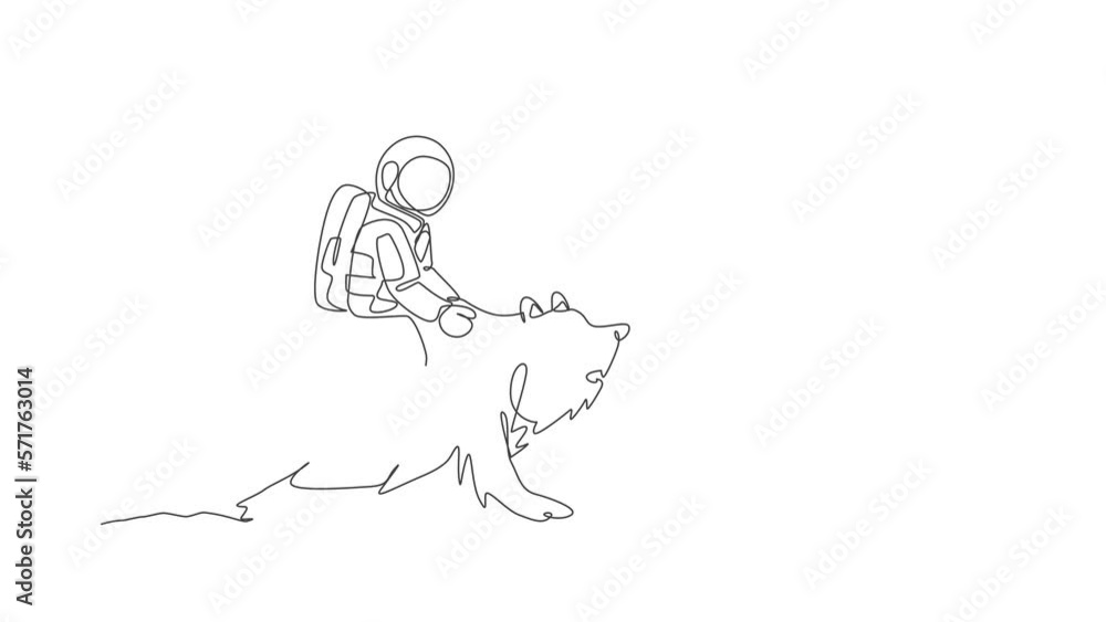 Poster animated self drawing of single continuous line draw cosmonaut with spacesuit riding bear, wild anim