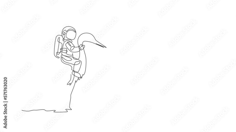 Poster animation of one single line drawing of astronaut riding heron bird, wild animal in moon surface. co