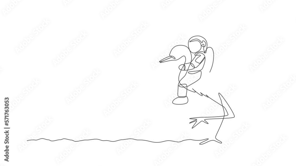 Poster animated self drawing of continuous line draw spaceman take a walk riding a heron bird, wild animal 
