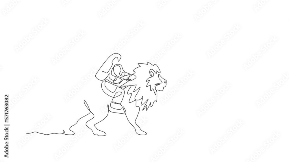 Poster animated self drawing of single continuous line draw cosmonaut with spacesuit riding lion, wild anim