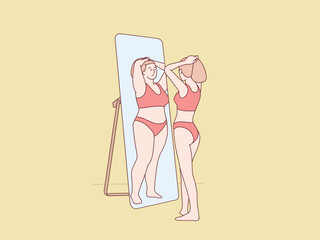 Young fit slim woman looking at fat girl in mirror reflection simple korean style illustration
