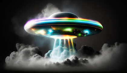 Mystery from the Skies: A Futuristic Alien UFO Spaceship Illustration, Flying Saucer with Smoke Particle, Generative AI
