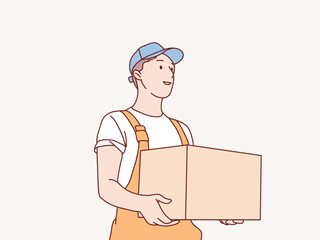 Happy young delivery courier young man standing with a post box parcel simple korean style illustration - obrazy, fototapety, plakaty