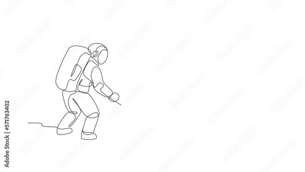 Poster animated self drawing of one continuous line draw spaceman leveling and flattening land using metal 