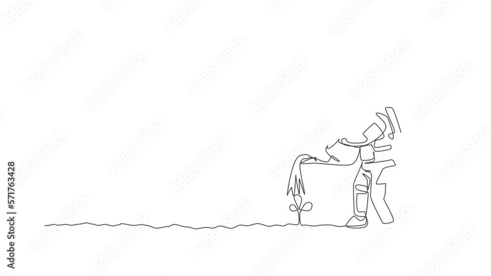 Poster animation of one single line drawing of astronaut watering plant tree using metal watering can in mo