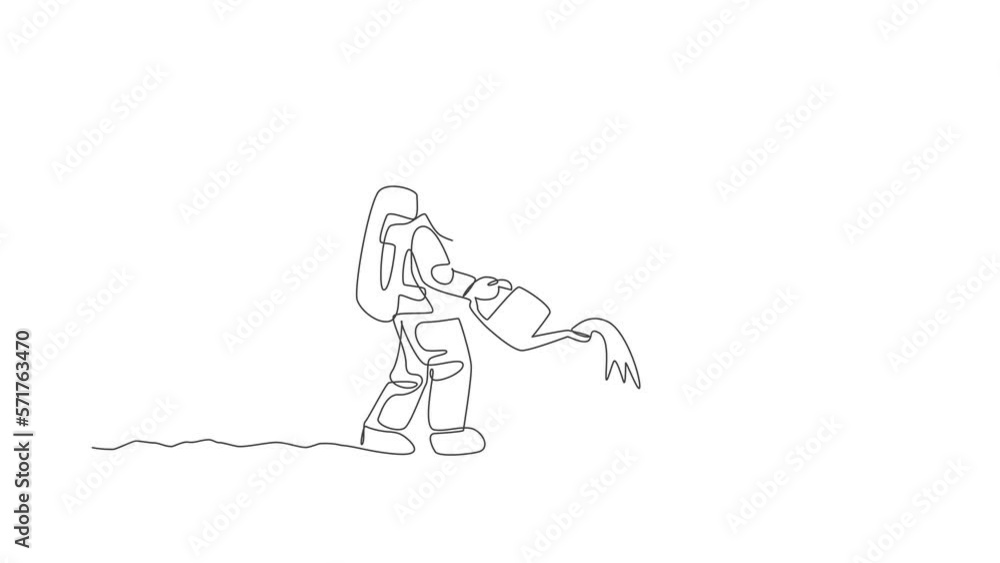 Poster animated self drawing of one continuous line draw spaceman watering plant tree using metal watering 