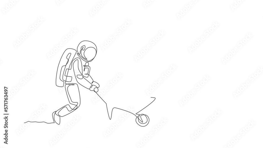 Poster animation of one single line drawing of astronaut pushing wheelbarrow full of fruits and vegetables 