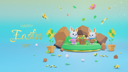 Colorful Easter background with two cute bunny elements standing on podium and decorated with flowers and eggs.