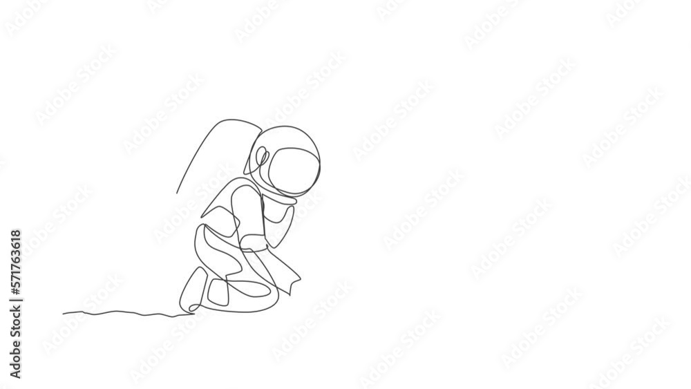 Poster animated self drawing of continuous line draw spaceman planting new species tree seed carefully in m