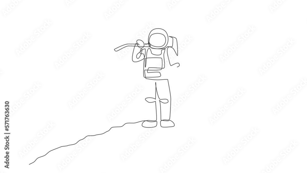 Poster animated self drawing of single continuous line draw cosmonaut carrying bucket and hoe on shoulder w