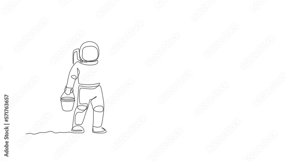 Poster animated self drawing of one continuous line draw spaceman carrying bucket and hoe on shoulder while