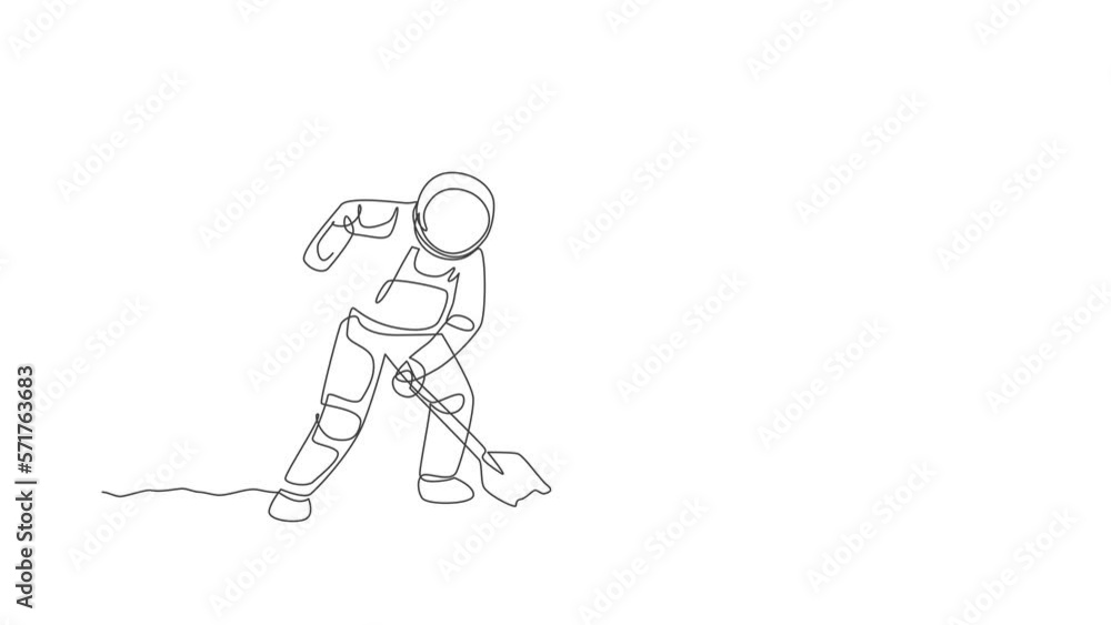 Poster animation of one single line drawing of astronaut digging up soil using metal shovel in moon surface