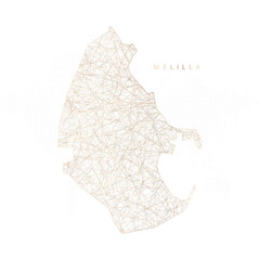 Low poly map of Melilla. Gold polygonal wireframe. Glittering vector with gold particles on white background. Vector illustration eps 10.