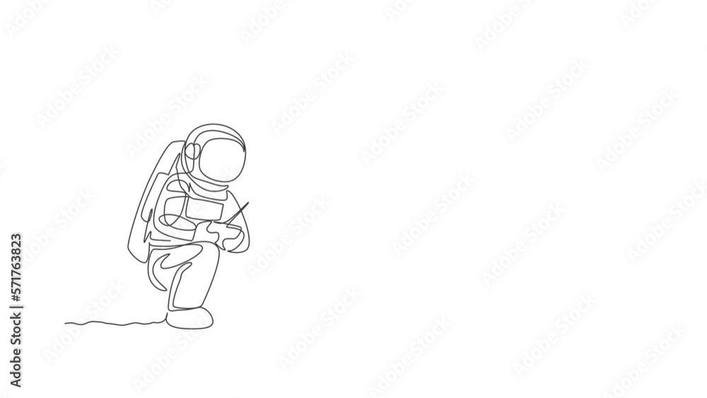 Poster animation of one line drawing of astronaut playing race car radio control in moon land. doing hobby 