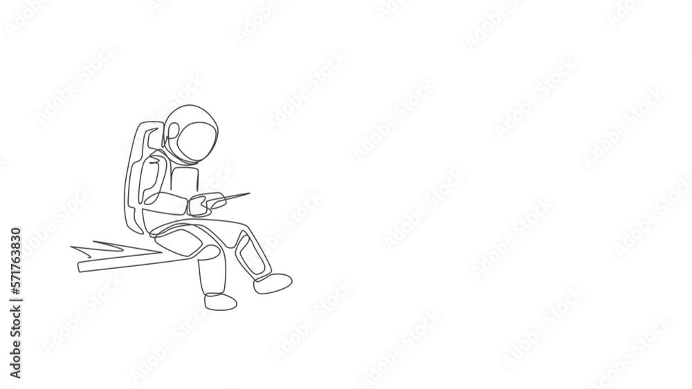 Poster animated self drawing of continuous line draw astronaut playing sailboat radio control in moon cosmi